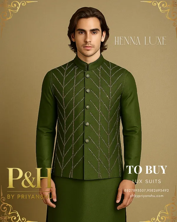 A standout piece from my Henna Luxe collection, this olive green kurta set is paired with a hand-embroidered Nehru jacket. The geometric pattern adds a contemporary edge to this traditional ensemble.