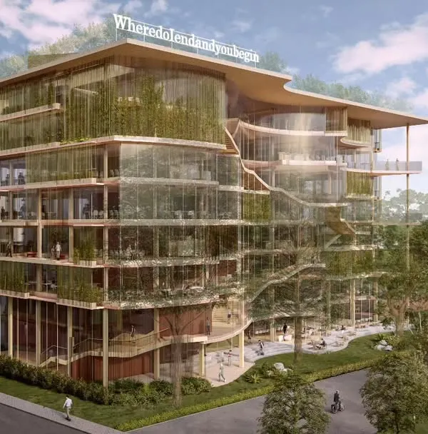 This render shows our competition proposal for a post-pandemic international headquarters. The design features a transparent, breathing facade with extensive vertical gardens and deep balconies, creating a healthy, biophilic office environment that connects employees with nature.