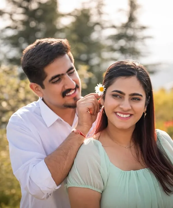 A sweet, candid moment as he gently places a daisy in her hair. The warm, golden light and genuine smiles make this a perfect portrait of simple love.
