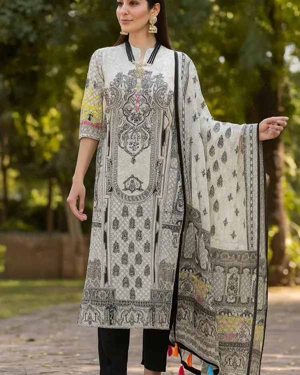 You can never go wrong with a classic black and white printed suit. This set features a straight-cut kurta with an intricate, architectural print and comes with a light, matching dupatta finished with playful tassels. It's a sophisticated look that is perfect for the office or a semi-formal dinner.