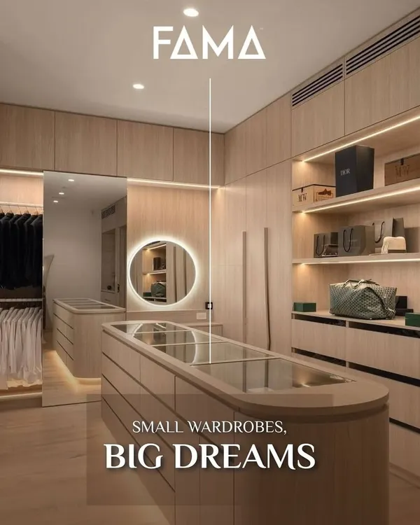 Small wardrobes, big dreams. This compact walk-in closet proves that you don't need a huge room for a luxurious setup. With a curved central island and clever use of lighting, we made this smaller space feel both grand and efficient.