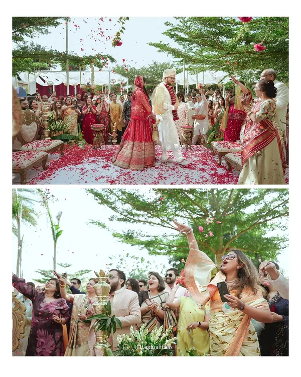 A beautiful outdoor wedding ceremony. The couple is showered with rose petals, creating a magical and romantic moment. We were so happy to be a part of their special day.