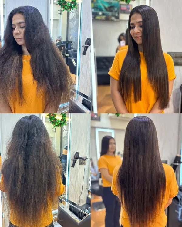 A complete before and after view of the Hair Botox transformation. You can see how the treatment tames frizz from every angle, resulting in straight, smooth hair that is much easier to manage daily.