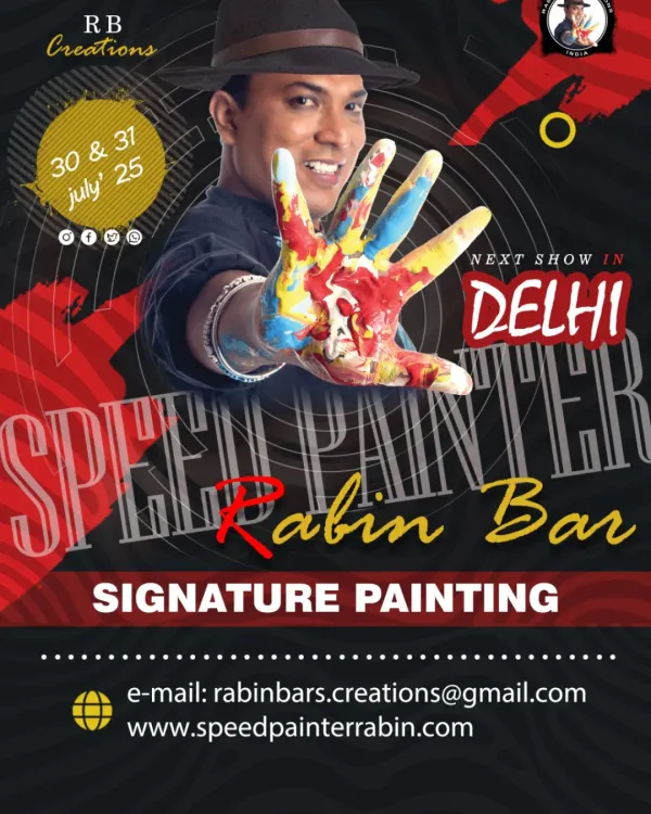 The poster for my show in Delhi, where I was scheduled to create 300 signature art pieces. It was a marathon of creativity.