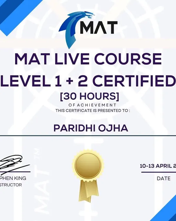 I am proud to have successfully completed the Movement Assessment Tool (MAT) Level 1 and 2 certification. This tool is a cornerstone of my practice, allowing me to gather objective data on movement capacity.