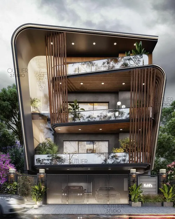 This New Delhi residence showcases a dynamic facade with curved forms and vertical wooden louvers. I used a combination of mild steel sections and bakelite panels to create a sense of movement and privacy while maintaining a strong modern aesthetic.