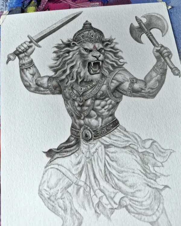 A fierce and powerful sketch of Mahavatar Narsimha. I use detailed shading to capture the muscular form and intense energy of the deity.