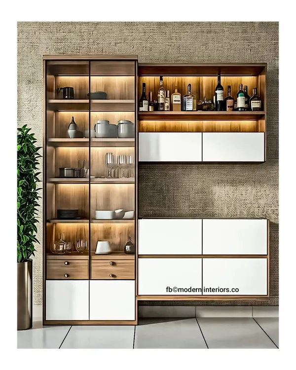A beautiful crockery display unit that mixes open lit shelves with closed cabinets. The combination of wood and white gives it a modern and fresh look, perfect for any dining space.