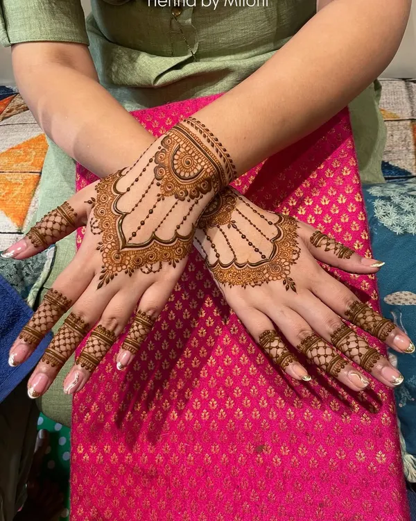 A beautiful example of minimal mehendi. This design features a delicate "hathphool" or hand harness pattern, which is both traditional and incredibly chic.