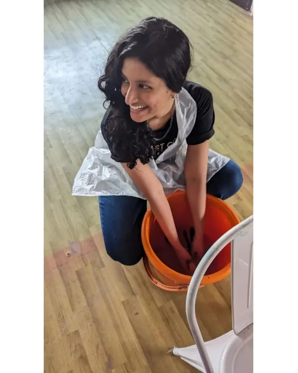 Art is about getting your hands dirty and enjoying the process. Here I am, in my element, preparing materials for a workshop. This is what it's all about: switching off your brain and letting your hands create.