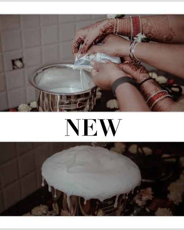 The traditional milk boiling ceremony, a symbol of prosperity and abundance in a new home. I focus on capturing these significant cultural details.