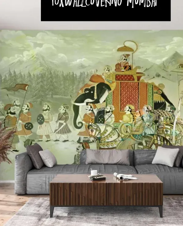 A vibrant Rajasthani procession mural, showcasing a royal elephant and courtiers. This detailed artwork is perfect for creating a statement wall that tells a story of Indian culture and history.