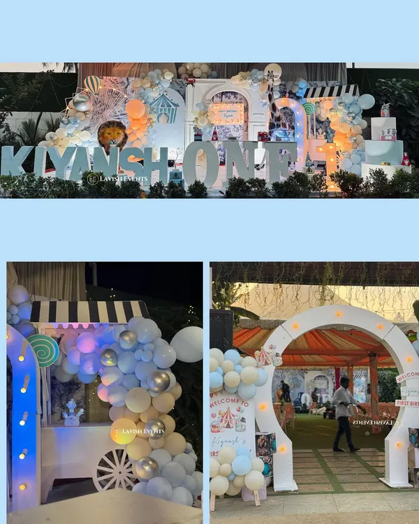 A collage of a pastel-colored carnival theme for Kiyansh's first birthday, showing the main stage, a detailed shot of a candy cart, and the grand entrance arch.