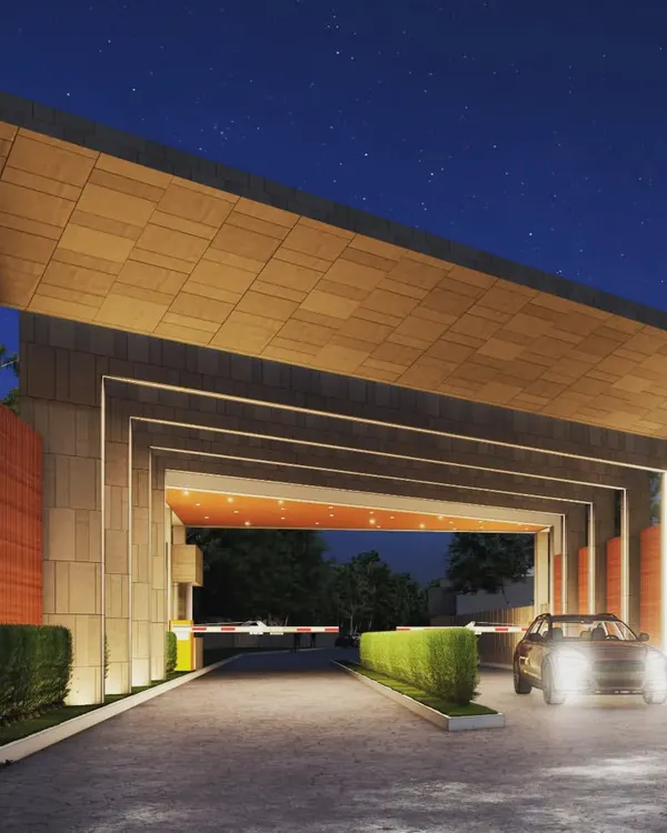 A night view render of the 'Westend' community gateway in Meerut. The design uses tapered portals and integrated lighting to create a modern and luxurious entrance.