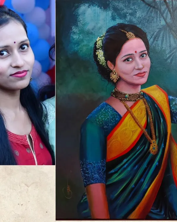 This side-by-side view shows the reference photograph next to my completed acrylic painting. My work is not to replicate, but to interpret and elevate the image into a piece of fine art, focusing on traditional attire and expression.