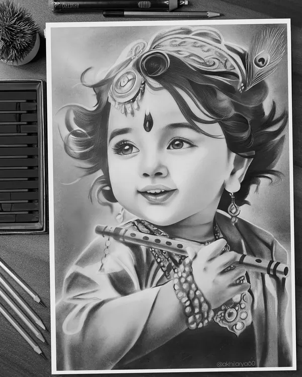 A hyper-realistic charcoal drawing of Bal Krishna holding his flute. This Janmashtami special piece shows the incredible detail and soft textures I can achieve with monochrome art.