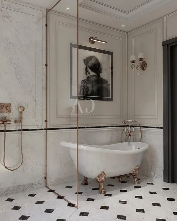 For this master bathroom, I incorporated elements of both classical and Parisian design. The freestanding clawfoot tub creates a one-of-a-kind bathing experience, set against a backdrop of elegant wall paneling and classic checkerboard flooring.