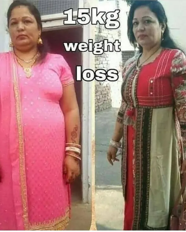 A powerful before-and-after image showing a 15kg weight loss transformation. This result was achieved through our online group yoga classes combined with a proper yogic diet plan.