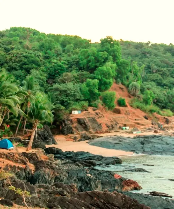 Tents pitched on a cliff overlooking a secluded beach in Gokarna. This is what beach camping with us looks like.