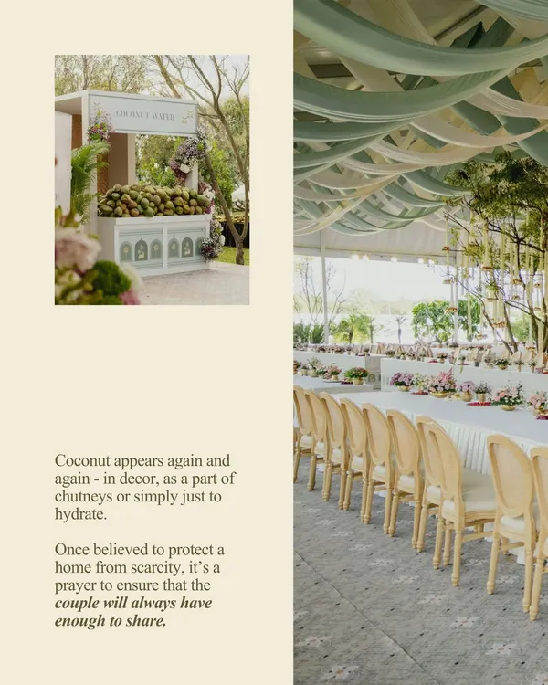 For the Sadhya lunch, coconut appeared in both the decor and the cuisine. Believed to protect a home from scarcity, its inclusion was a prayer that the couple will always have enough to share. This is how we weave meaning into every detail.