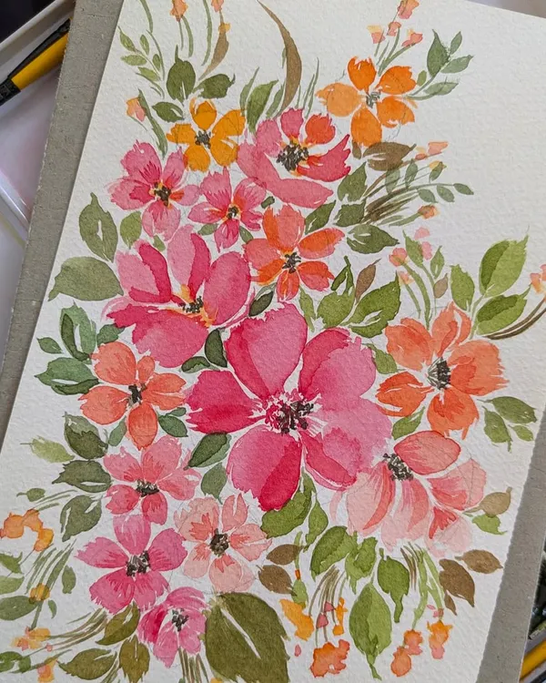 A closer look at a vibrant floral bouquet I painted. I focus on teaching how to layer colors and use simple brushstrokes to create these lively compositions.