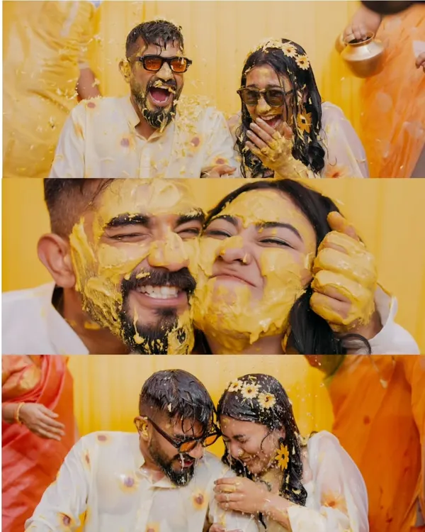 A collage of pure Haldi fun. From being smeared with turmeric to sharing a laugh, these three images perfectly capture the playful and messy joy of the event.