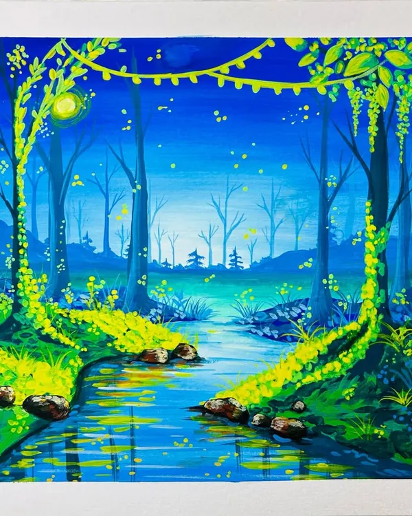 A magical forest scene painted with gouache. This piece was created for a painting workshop I hosted, teaching students how to blend colors and create a fantasy landscape.