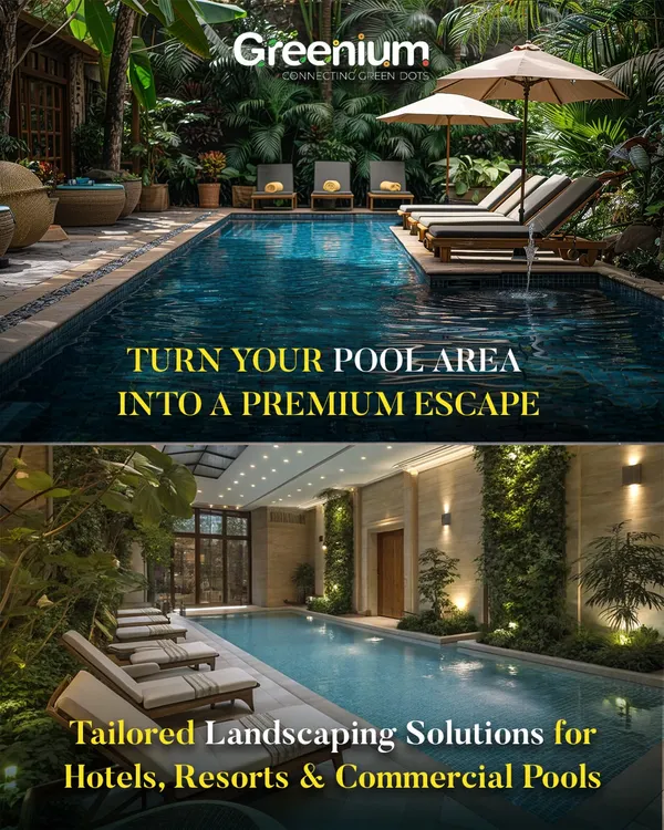I design premium poolside escapes for both homes and commercial properties like hotels and resorts. This image shows two examples of how I blend lush plants, elegant loungers, and smart lighting to create a tailored, luxurious atmosphere.
