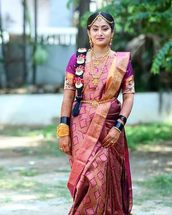 This is the complete South Indian bridal look. I styled Gagana for her Muhurtham, including the traditional hairstyle, makeup that enhances her features, and perfect saree draping.