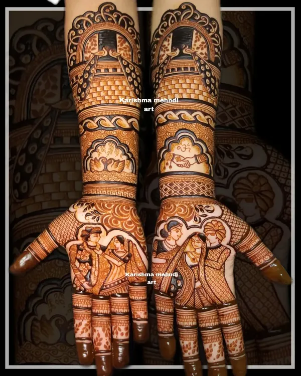This bridal mehendi captures key wedding ceremonies in detailed figures. The design showcases the varmala exchange and sathphera ritual, with traditional peacock and palace motifs on the forearms completing the story.