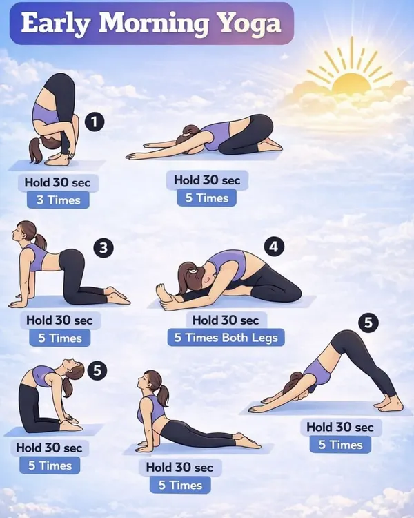 A perfect early morning yoga sequence to start your day. This visual guide includes gentle poses to hold for 30 seconds each, like forward bends and cobra.