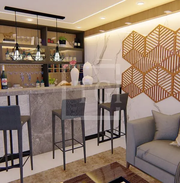 A 3D render of a custom home bar and lounge area. This design features a marble-top bar, stylish high-back chairs, ample shelving for glassware, and a geometric accent wall, creating the perfect spot for entertaining.