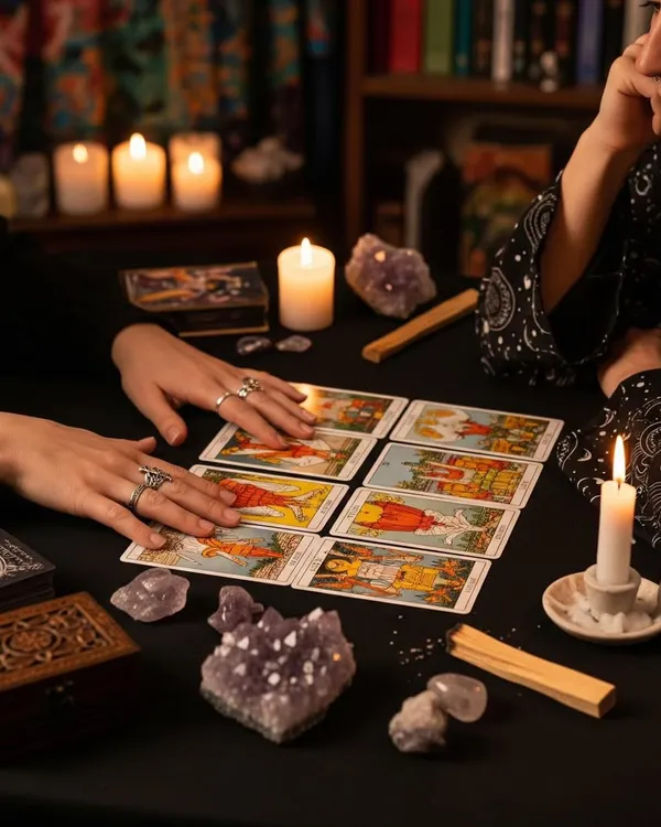This is the space where we connect with the universe's energy. In each session, surrounded by the gentle light of candles and the grounding presence of crystals, we lay out the cards to reveal the story of your current path and illuminate the way forward.