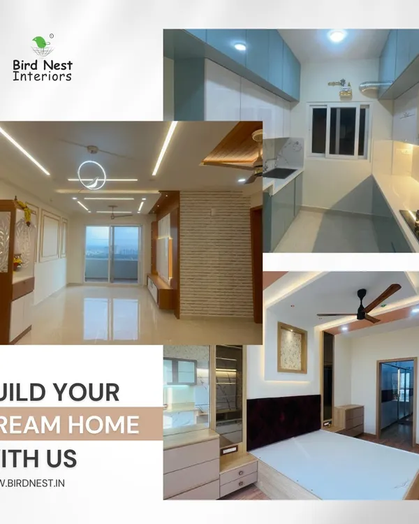 A collage showcasing our ability to deliver complete home interiors. This image features a modern living room, a sleek modular kitchen, and a comfortable bedroom from one of our projects.