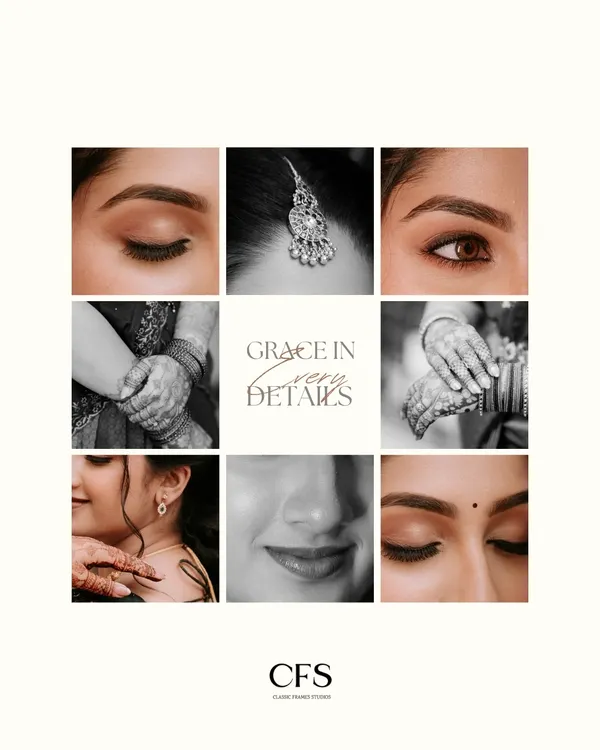 Grace in every detail. This elegant collage captures the essence of the bride's look through close-ups of her makeup, jewelry, and the gentle touch of a loved one's hand.