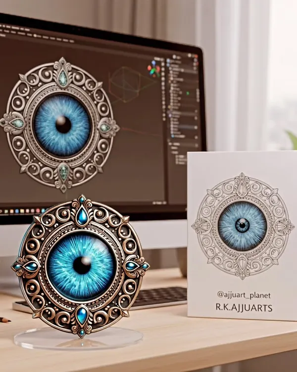 This ornate Evil Eye is designed to be a beautiful guardian for your space. I created this piece with intricate details and a 3D effect to serve as a powerful and elegant symbol of protection, perfect for a desk or shelf.