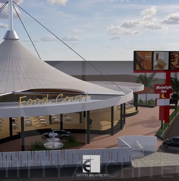 The primary 3D visualization of a food court designed for a 2.3-acre plot on the Igatpuri Highway. The tensile fabric roof serves as a striking architectural feature, making the destination easily recognizable to travelers.