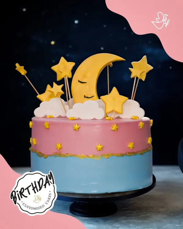 For Soumya in Saket, I baked a little slice of the night sky. This dreamy birthday cake features a sleeping moon, fluffy clouds, and golden stars, making birthdays feel like a dream come true.