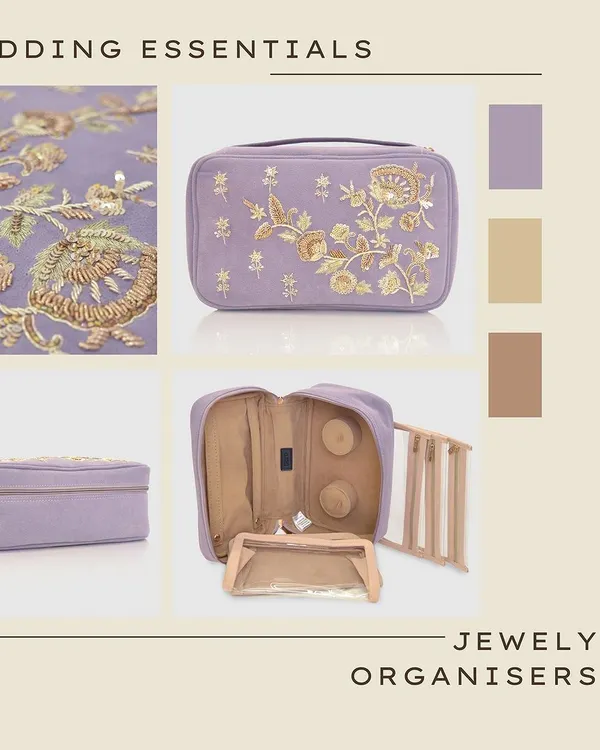 A perfect wedding essential for brides and bridesmaids. This is my jewellery organiser in a beautiful lavender velvet, featuring intricate golden floral embroidery and a well-structured interior to protect your precious items.
