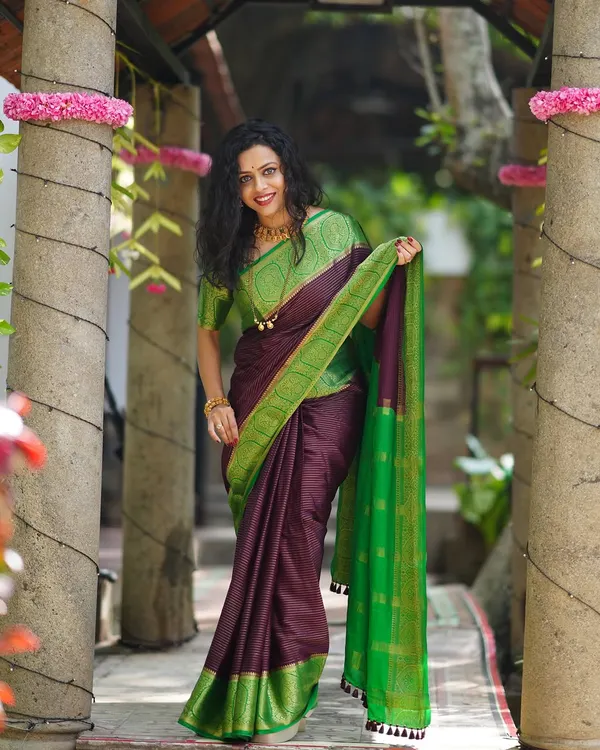A beautiful portrait of a woman in a stunning purple and green silk saree, taken outdoors in a traditionally styled location.