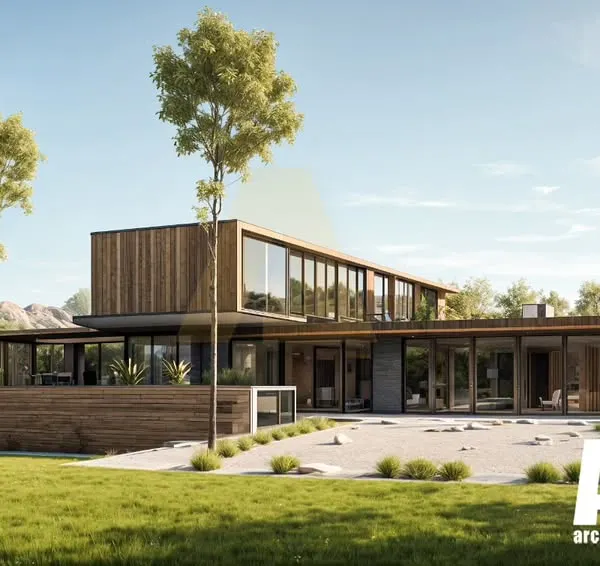Spread over 54,000 sq. ft., this two-storey farmhouse in the Aravallis is an example of spatial clarity. The facade, featuring wood and glass, is designed to harness natural light and highlight the seamless indoor-outdoor transitions.