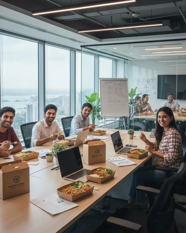 This is the result we aim for: a productive team enjoying a healthy lunch together. We provide complete corporate wellness catering, ensuring your employees are fueled with fresh, nutritionist-approved food right at their desks, without the post-lunch slump.