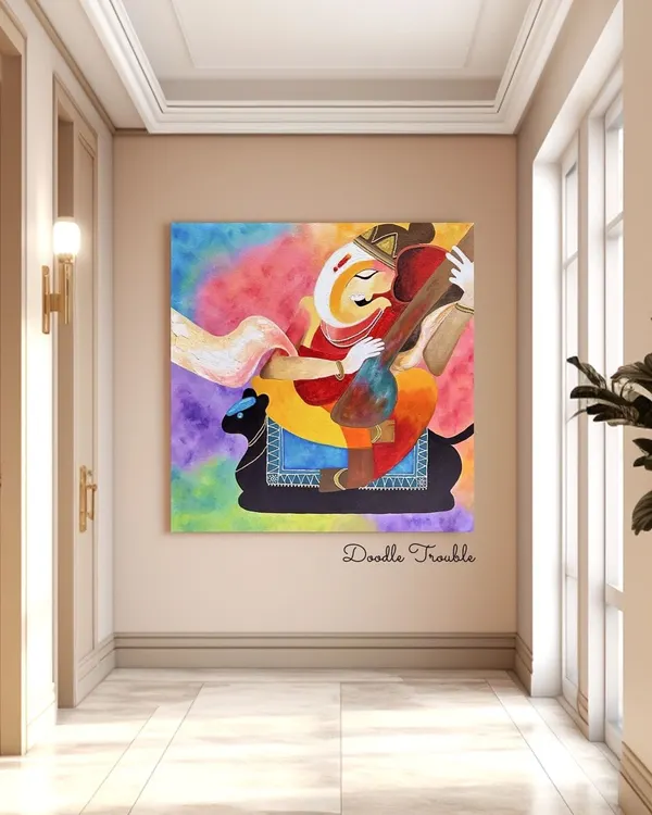 Here is another view of my colorful Ganesha painting, showing how it can brighten up a hallway or entryway. Its vibrant hues are meant to create a welcoming and blessed atmosphere in your home.