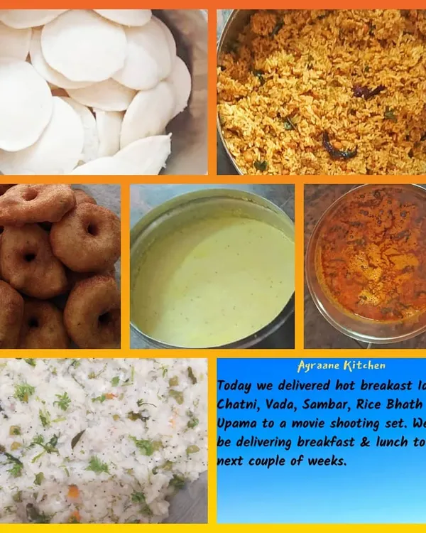 I was happy to provide hot breakfast and lunch for a movie shooting set. This collage shows some of the items I delivered, including idli, vada, upma, and rice bhath, for the entire crew.