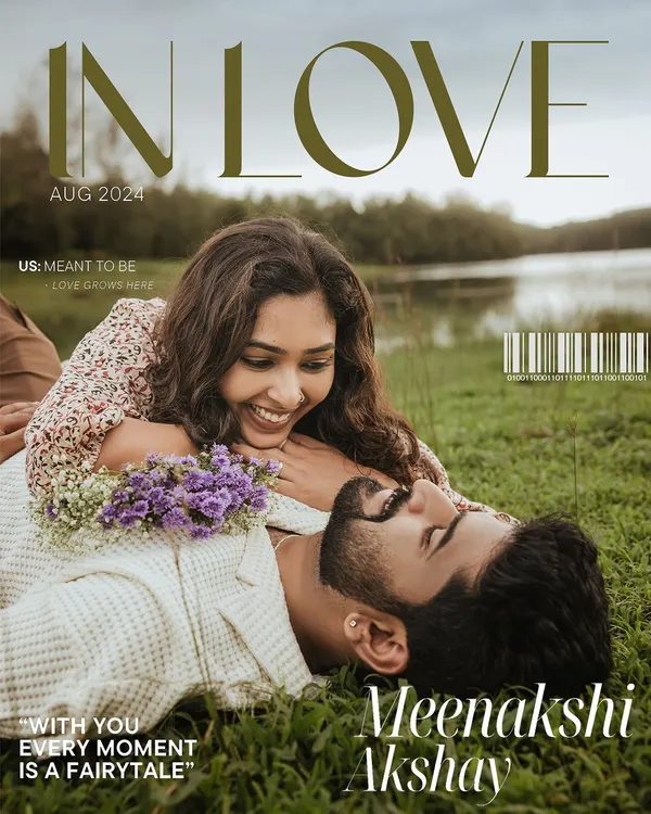 Your love story, front and center. A pre-wedding shoot in a beautiful meadow, styled like a magazine cover to celebrate your fairytale moment.
