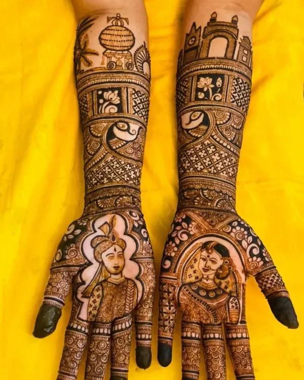 This custom bridal mehendi captures the bride's unique story, blending portraits with architectural symbols from Mangalore and Mumbai, the two cities she calls home.