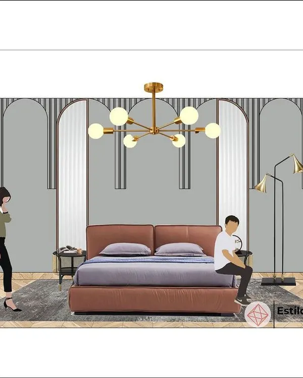This is a detailed mood board for an Art Deco master bedroom. The design uses symmetrical arches and a sophisticated color palette to create a sense of glamour and order.