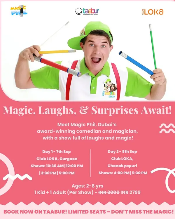 Magic, laughs, and surprises await with Magic Phil, Dubai's award-winning magician! This poster details his live show in India, with multiple showtimes in both Gurgaon and Chanakyapuri for kids aged 2-8.