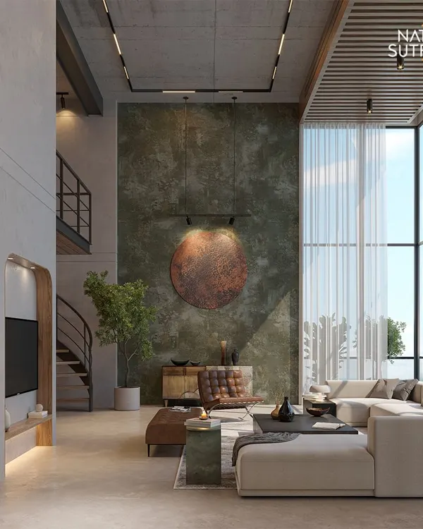 An overview of our Gurgaon Hills project, showcasing the interplay of double-height spaces, a mezzanine level, and a material palette of concrete and wood. This is a core example of our modernist architectural approach.