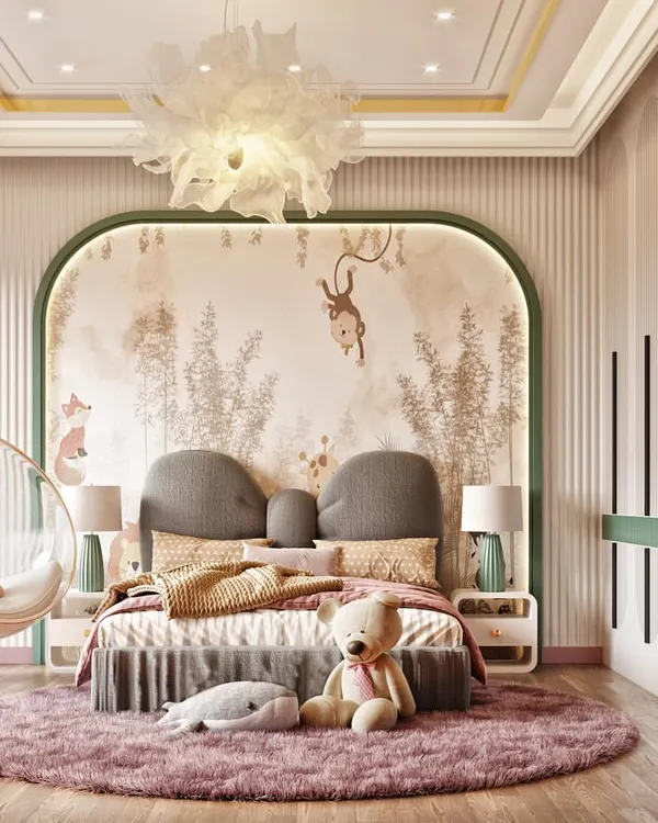 A whimsical and charming kids' room visualization. The design features a forest-themed wallpaper, a soft color palette of pink and green, and fun elements like a hanging bubble chair.